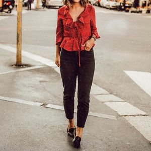 Topshop Red Polka Dot Ruffle Blouse